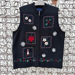 Vintage 90s Charter Club Lambswool Winter Christmas Embroidered Sweater Vest LG